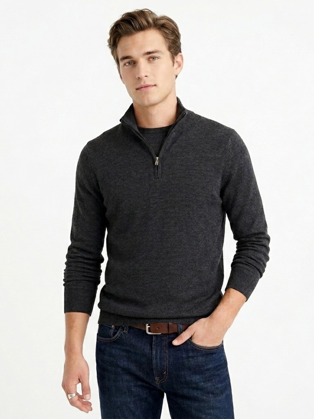 David Donahue Quarter Zip Pullover Sweater Mock Neck Merino Wool Charcoal M